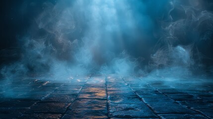 A light beam pierces the darkness and illuminates the scene. There are blue lights in the darkness and smoke fills the street.
