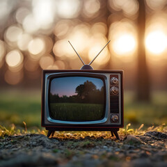 Macro shot, close up - tiny retro tv in nature in fresh morning atmosphere. Blur in the back.
