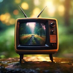 Macro shot, close up - tiny retro tv in nature in fresh morning atmosphere. Blur in the back. - obrazy, fototapety, plakaty
