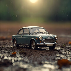 Macro shot, close up - tiny retro car in nature in fresh morning atmosphere. Blur in the back.