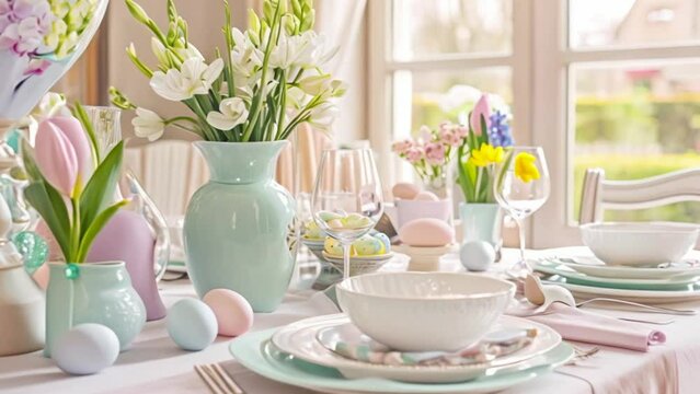 Easter tablescape decoration, floral holiday table decor for family celebration, spring flowers, Easter eggs, Easter bunny and vintage dinnerware, English country and home styling