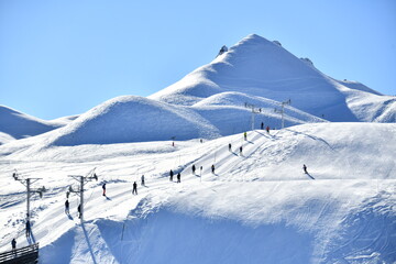 Sk slopes of Courchevel ski resort by winter  - obrazy, fototapety, plakaty