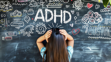A child with hands on head in front of a chalkboard with ADHD and various drawings symbolizing chaos and distraction - obrazy, fototapety, plakaty