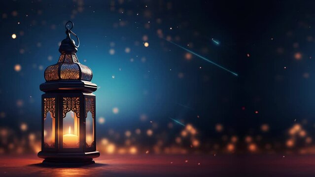 Arabic lantern lamp with light from candles and wishing star background; is perfect for background projects; 4k virtual video animation.