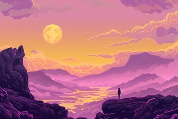 Solitary Figure Contemplating at Dusk in a Surreal Purple Landscape - Reflective and Calm