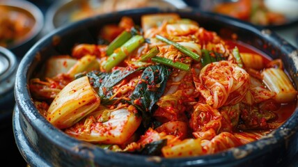 health-focused image showcasing kimchi as part of a balanced diet, served with grains and vegetables for a nutritious meal --