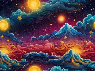 Starry night. Various planets in the galaxy.
