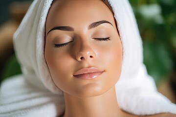Tranquil day spa facial therapy for relaxation, rejuvenation, and skincare pampering - obrazy, fototapety, plakaty