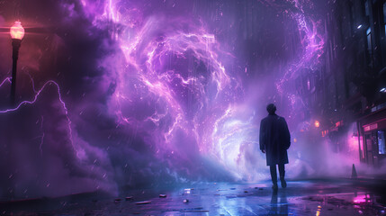 Silhouette einer Person vor einem violetten Wirbel aus Energie, Querformat