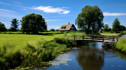 Fototapeta na wymiar Idyllic Danish Countryside: Tranquil Stream, Lush Fields & Traditional Farmhouse