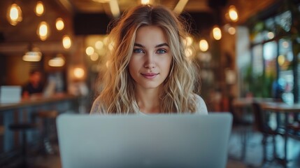 Fototapeta premium Businesswoman in a coffee shop, looking at her laptop with a mixture of fear and determination on her face as she considers a difficult decision