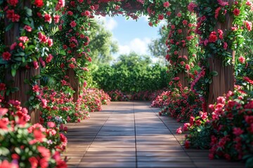 A pathway in a garden with roses on either side and a bright light shining through the trees...