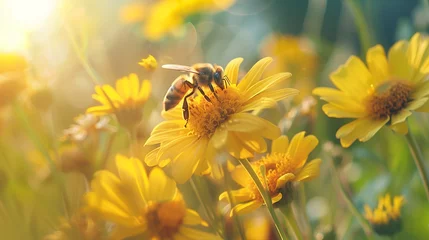 Zelfklevend Fotobehang Honey bee on yellow flower collect pollen. Wild nature landscape, banner. © Natalina
