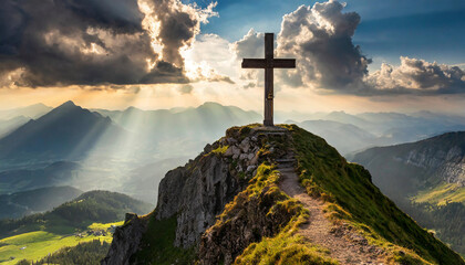 Divine Light: Cross on Mountain Peak Bathed in Sunrays, Easter Sunday, Sacrifice, redemption, salvation, eternal life - obrazy, fototapety, plakaty