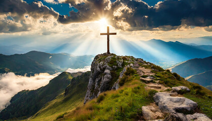 Divine Light: Cross on Mountain Peak Bathed in Sunrays, Easter Sunday, Sacrifice, redemption, salvation, eternal life - obrazy, fototapety, plakaty
