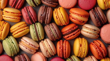 Colored macarons, close-up. Delicious french macaroons. Background with sweet dessert. Confectionery products - obrazy, fototapety, plakaty