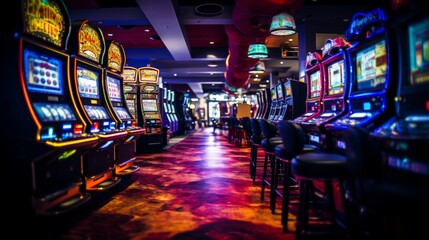 Dynamic casino atmosphere featuring an array of vibrant and colorful slot machines