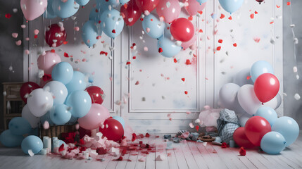 gender reveal backdrop featuring pastel blue and red smoke clouds - obrazy, fototapety, plakaty