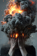 Explosion um einen Kopf  in einer schwarzen Rauchwolke, Hände vor dem Geischt
