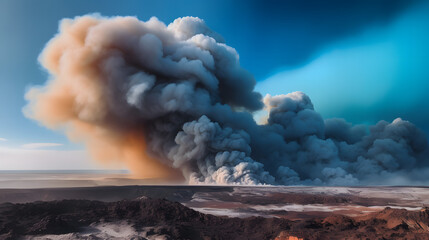 Gigantic inferno with plumes of smoke against the blue expanse.