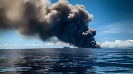 Fototapeta na wymiar Gigantic inferno with plumes of smoke against the blue expanse.