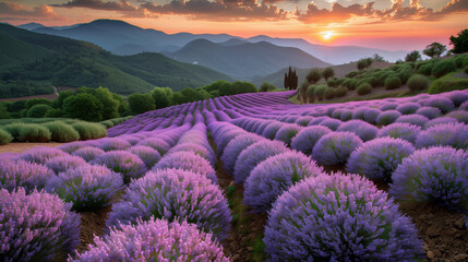 Lavendelfeld bei Sonnenuntergang, violette Lavendelbüsche am Hang in Berglandschaft, Außenaufnahme, Landschaftsaufnahme - obrazy, fototapety, plakaty