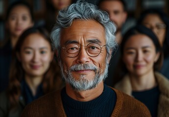 Obraz premium a man with glasses and a beard is standing in front of a group of people.DEIB diversity, equity, inclusion, belonging