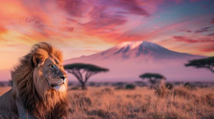 Fotobehang Lion portrait on savanna landscape background and Mount Kilimanjaro at sunset © Natalina