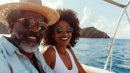 Mature African-American couple sailing in comfort on yacht in sea trip, happy mature man and woman in sunglasses enjoying sunshine and sea travel