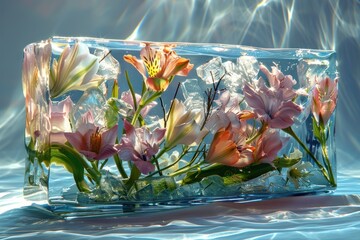 Flowers and stems frozen in a clear block of ice. - obrazy, fototapety, plakaty