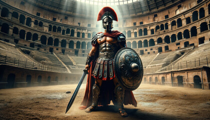 Colosseum with a strong gladiator standing triumphantly in the center