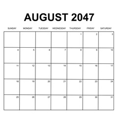 august 2047. monthly calendar design. week starts on sunday. printable, simple, and clean vector design isolated on white background.