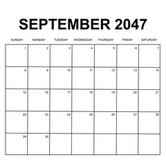 september 2047. monthly calendar design. week starts on sunday. printable, simple, and clean vector design isolated on white background.