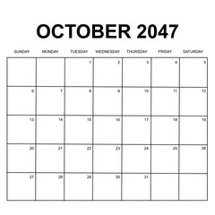 october 2047. monthly calendar design. week starts on sunday. printable, simple, and clean vector design isolated on white background.