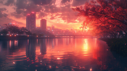 Stadt mit Skyline bei Sonnenuntergang, ein breiter Fluss fließt entlang der Stadt, Pflanzen und Wasser im Vordergrund