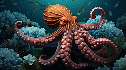 Explore the intricate patterns and textures of an octopus, a true master of disguise in its aquatic habitat. - obrazy, fototapety, plakaty