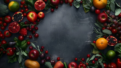 Sommerliches Obst, verschiedene Früchte im Kreis angeordnet, vor schwarzem Hintergrund, Apfel, Tomaten, Trauben, Granatapfel, Lorbeer, isolierte Freifläche - obrazy, fototapety, plakaty