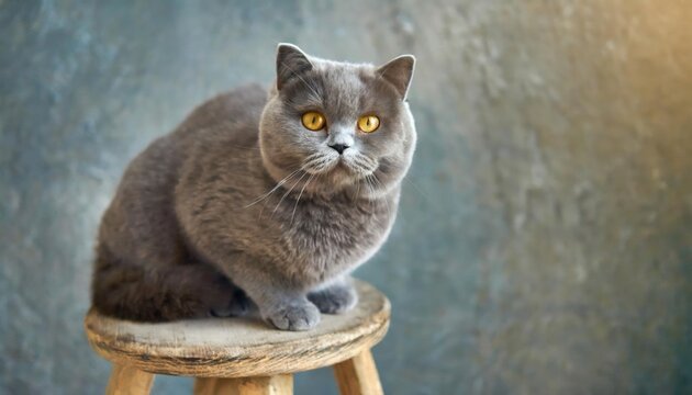 British gray cat on a stool , high quality photo. 