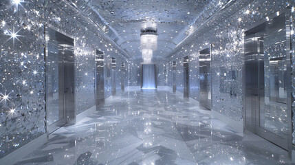 Eingangsbereich eines luxuriösen Hotels mit vielen Spiegeln und Kristallkronleuchter, Diamanten glitzern - obrazy, fototapety, plakaty