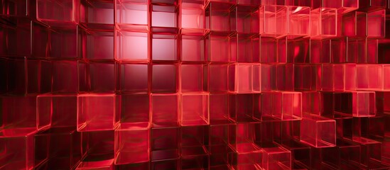 A series of magenta textile rectangles in various tints and shades form a bricklike pattern on the wall. The art installation resembles stacked wooden cubes, creating a unique font on the flooring