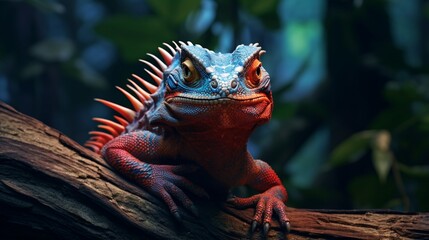 In a lush jungle setting, a striking red and blue lizard with spiny scales lounges gracefully on a weathered log, showcasing its intricate reptilian beauty. - obrazy, fototapety, plakaty