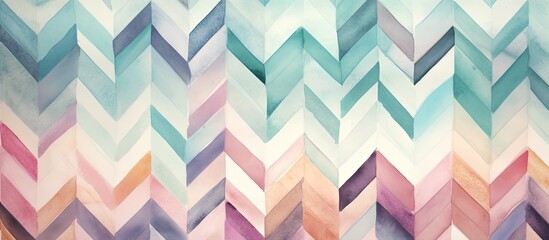 A closeup of a vibrant chevron pattern on a wall with azure, aqua, electric blue, magenta triangles creating symmetrical art. Tints and shades add depth to the design