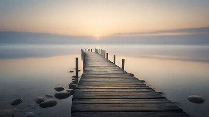 Wooden pier at misty dawn in a still sea with winter smoke, Generative AI - obrazy, fototapety, plakaty