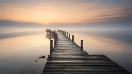 Türaufkleber Wooden pier at misty dawn in a still sea with winter smoke, Generative AI © Graphic ELE