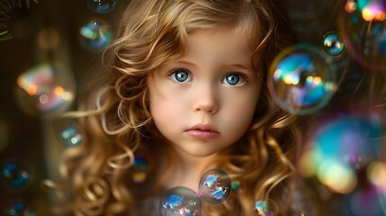 Enchanting Child with Curly Blonde Hair Amidst Shimmering Soap Bubbles