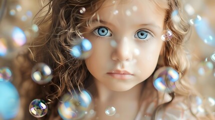 Wonder in Her Eyes: Little Girl with Curly Hair Surrounded by Soap Bubbles