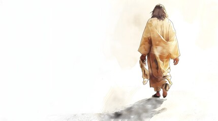 Solitary Figure in Golden and White Robes Walking Away in a Luminous Setting