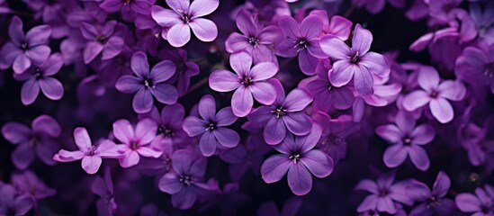 A group of vibrant purple flowers, ranging in shades from violet to magenta, bloom against a dark...