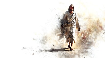 Enlightened Figure Advancing with Ethereal Backdrop