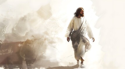 Serene Man in White Robe Walking with Light and Shadows